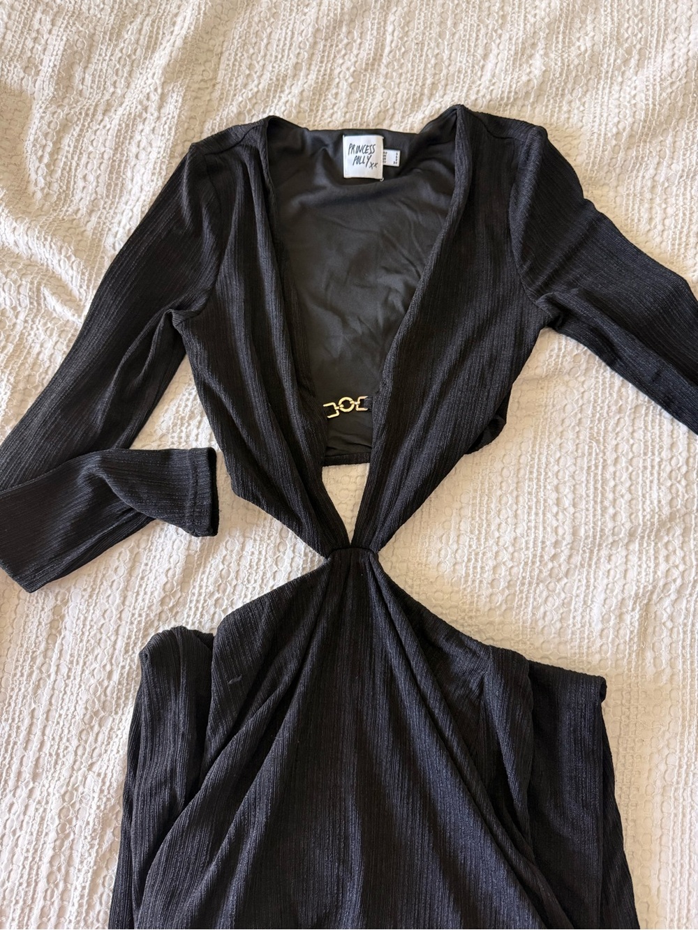 Princess Polly Black Ribbed Knot-Front Long Sleeve Top